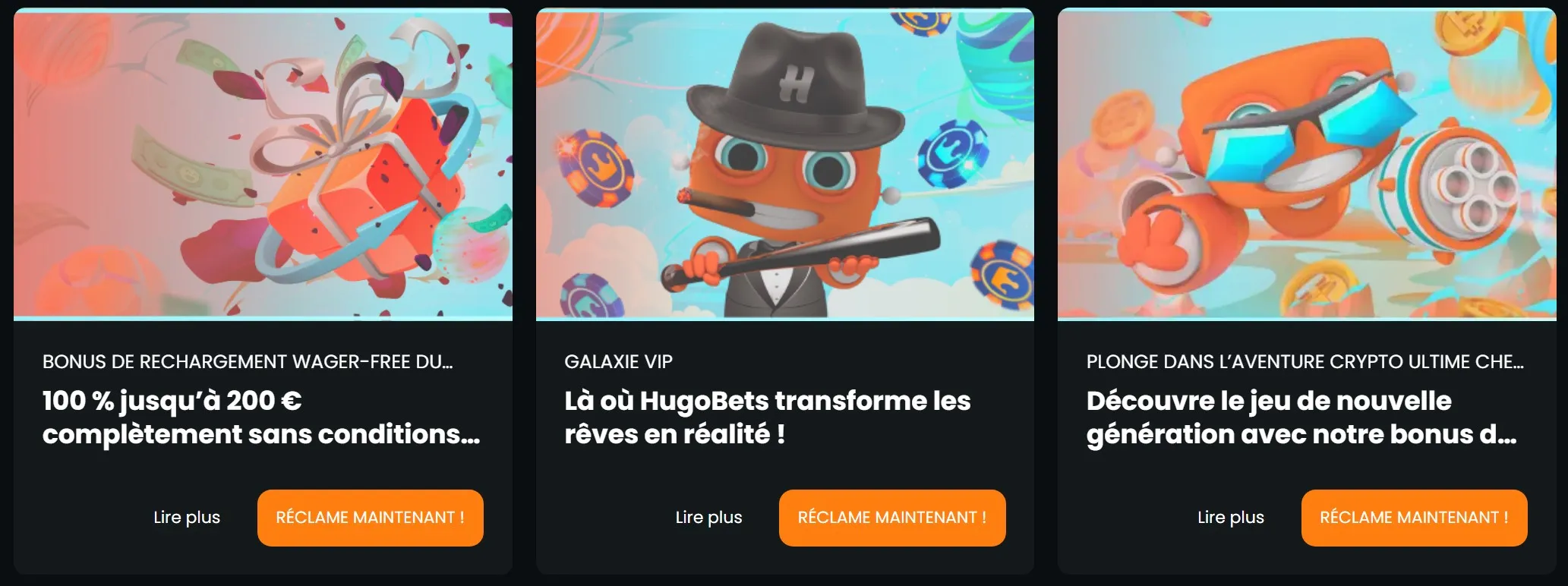 Interface des promotions HugoBets montrant différents bonus disponibles